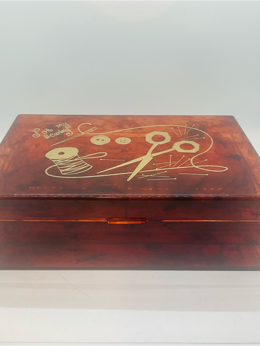 Vintage 1960s Lucite Amber ‘For My Sewing’ Box & Tray Gold Embossed Design.